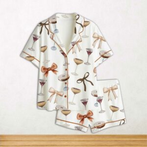 Espresso Martini Coquette Bow Short Sleeve Satin Pajama Set For Women