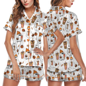 Ghost Pumpkin Satin Pajamas Set For Women