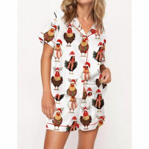 Сute Christmas Chickens Satin Pajama Set For Women