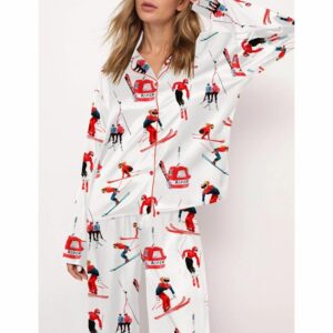 Vintage Skiers Satin Pajama Set For Women