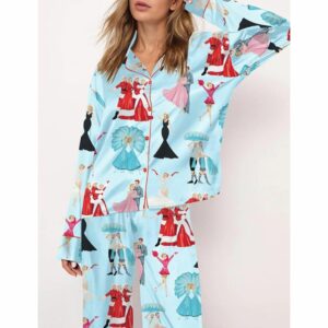 White Christmas Print Satin Pajama Set For Women